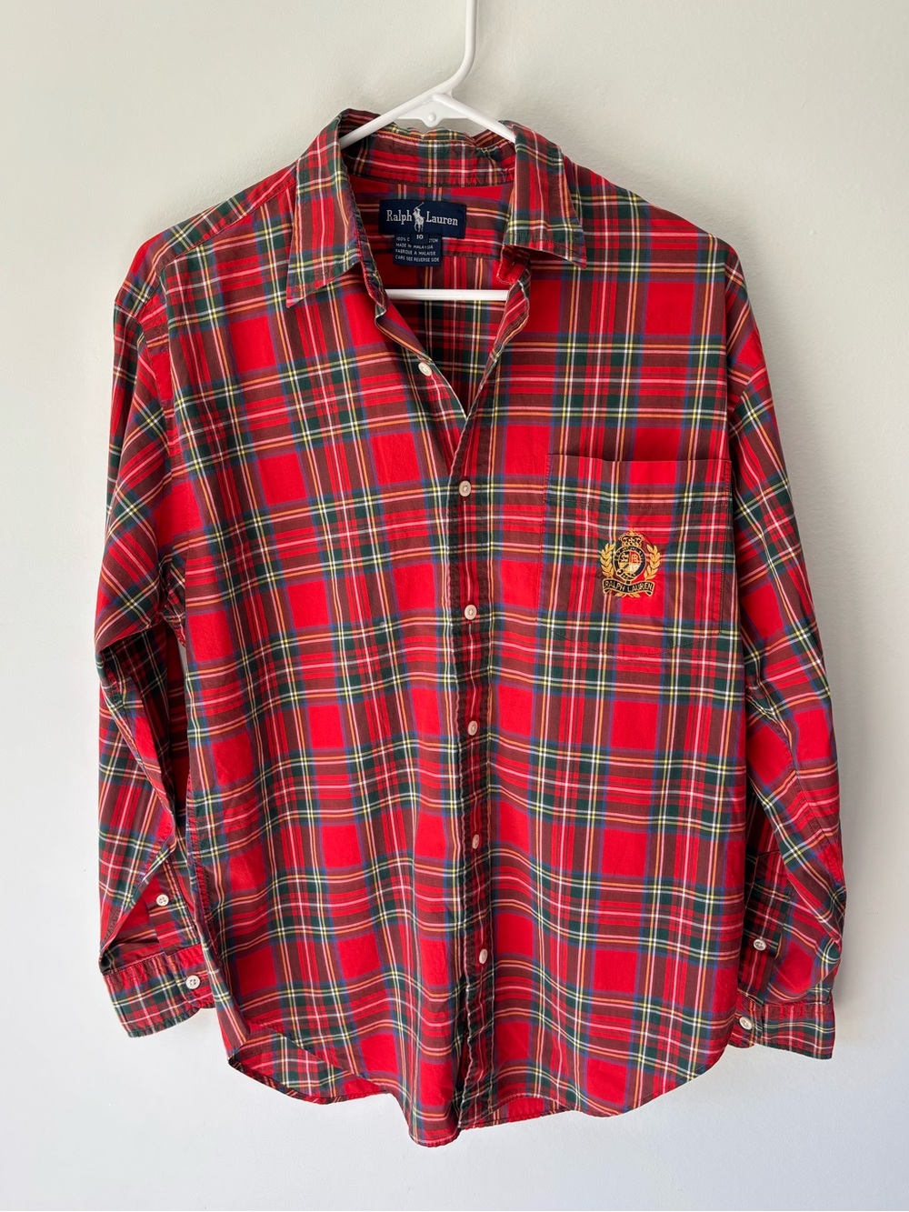 Ralph Lauren Red Blue Yellow Plaid Button Front Shirt Chest Logo Preppy Holiday